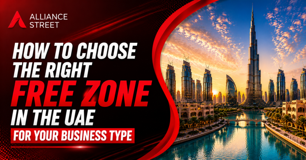 Dubai free zone business setup guide banner with Alliance Street branding